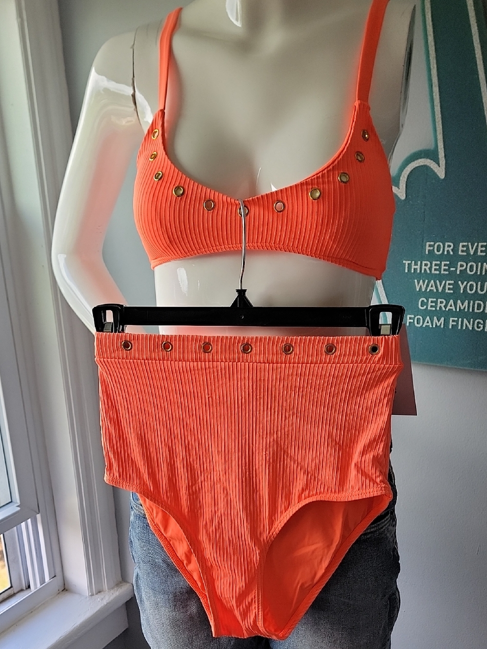Ribbed High-Waist Bikini Set in Bright Orange with Grommet Detail